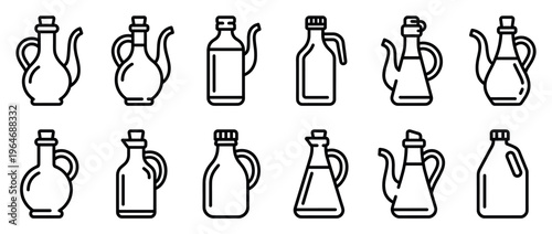 Collection of various line art icons representing different types of oil bottles, carafes, and dispensers for cooking and kitchen use.