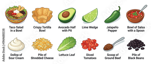 Mexican food ingredients and a delicious taco salad in a bowl, perfect for illustrating recipes, menus, or healthy eating concepts.