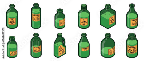 Ammonia bottles and chemical containers with hazard labels, illustrating dangerous household cleaning products and industrial chemicals.