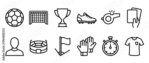 Soccer football game sport icons set featuring various outline symbols like ball, goal, trophy, whistle, and player elements for competition.