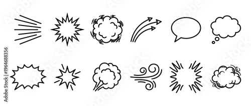Collection of hand-drawn comic elements including speed lines, explosion bursts, smoke puffs, speech bubbles, and thought clouds for graphic design.