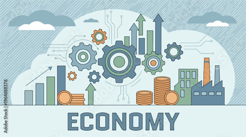 Economy concept with gears, growth charts, coins, and factories