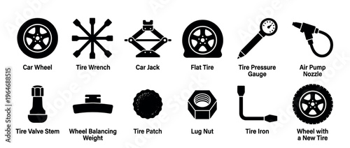 Car wheel tire repair tools and accessories collection for automotive maintenance and roadside assistance in a clean icon set.