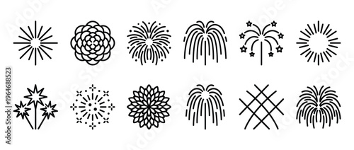 Fireworks icons set with various explosion symbols and celebratory bursts in a modern line art style for festive designs.