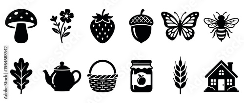 Collection of nature, home, and food icons featuring mushroom, strawberry, butterfly, bee, house, and other rustic elements.