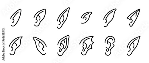 Fantasy ears icon set featuring various pointed and stylized ear shapes for mythical creatures and characters.