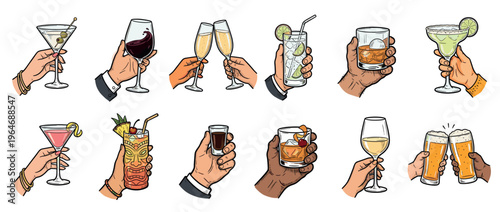 Hands holding a variety of alcoholic beverages including cocktails, wine, champagne, beer, and spirits, perfect for celebrations and social gatherings.