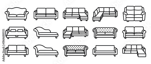 Sofas and couches line art icon set featuring various modern and classic furniture designs for home interior decoration
