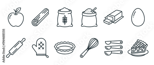 Baking ingredients and tools for making pie, including apples, flour, butter, eggs, rolling pin, whisk, and a delicious slice of pie.