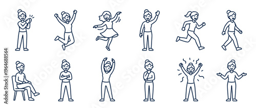 Woman character poses and actions set in a simple line art style, depicting various emotions and activities for design projects.