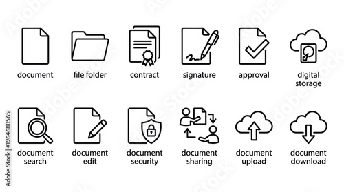 Document management, file organization, and digital process icons set for business and technology applications.