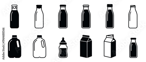 Milk packaging icons featuring various bottles, cartons, and a baby bottle in black and outline styles for dairy products.