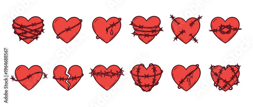 Red hearts entangled with barbed wire, symbolizing pain, struggle, and broken love in a collection of emotional illustrations.