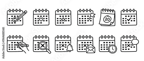 Calendar icons set for scheduling, planning, and event management, depicting various actions like marking, confirming, and canceling dates.