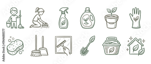 Eco-friendly cleaning supplies and activities are illustrated in a hand-drawn style, showcasing sustainable household chores and natural products.