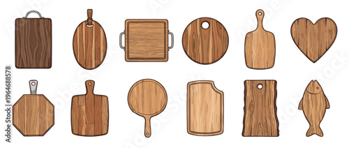 Wooden cutting boards collection featuring various shapes and sizes for kitchen preparation, serving, and culinary tasks.