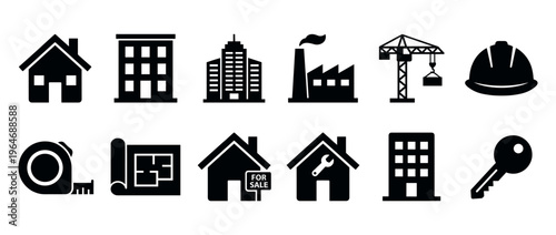 Construction and real estate icons set featuring various buildings, tools, and safety equipment for property development and urban planning projects.