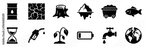 Environmental icons depicting global climate change, resource depletion, and ecological crisis through various symbolic representations.