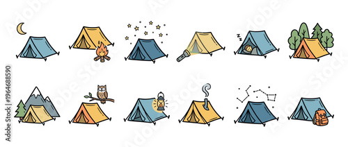 Camping tents and outdoor adventure elements in a charming doodle style, perfect for illustrating nature trips and recreational activities.