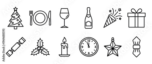 Christmas New Year celebration icons set featuring festive symbols like a tree, champagne, gifts, and dinnerware for holiday designs.