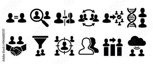 People icons representing various business and data management concepts including search, targeting, collaboration, and growth processes.