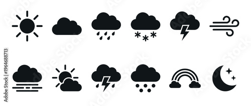 Weather icons set featuring various climate conditions like sun, clouds, rain, snow, lightning, wind, fog, and moon with stars.