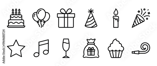 Collection of party icons, celebration symbols, and birthday elements featuring festive graphics and event pictograms in a versatile vector set.