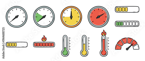 Hand-drawn gauges, meters, thermometers, progress bars, and indicators showing various levels, measurements, and statuses in a doodle style.