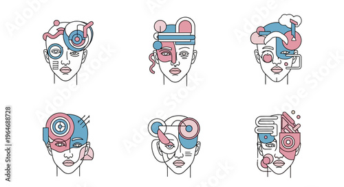 Colorful woman faces with creative headgear.