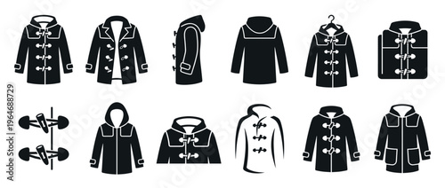 Duffle coats icons collection featuring various styles and views of classic winter outerwear with toggle closures, perfect for fashion and apparel design.