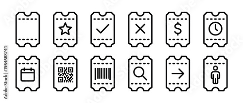 Collection of outline ticket icons representing various event, payment, and entry concepts like star, checkmark, dollar, calendar, QR code, and barcode.