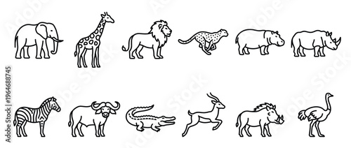 Collection of various African safari animals depicted as simple black outline icons, perfect for educational materials or wildlife themed designs.