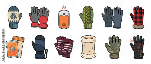Various types of winter gloves, mittens, and hand warmers for cold weather protection and warmth in a diverse collection.