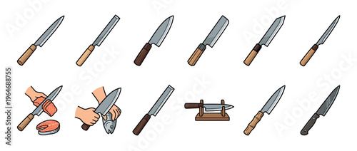 Japanese kitchen knives collection featuring different types of traditional blades used for cooking, slicing, and filleting fish.