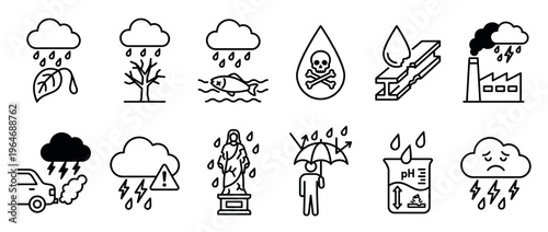 Acid rain icons illustrating environmental pollution, industrial impact, and the damaging effects on nature, infrastructure, and living organisms.