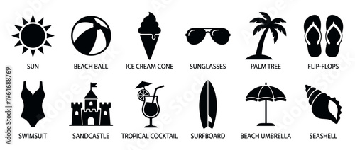 Summer beach vacation icons set with essential elements like sun, beach ball, ice cream, sunglasses, palm tree, and flip-flops.