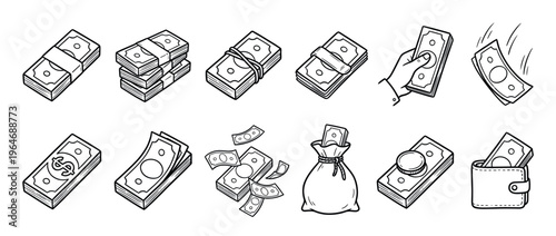 Set of doodle style money illustrations showing stacks of banknotes, falling cash, a money bag, and a wallet for financial themes.