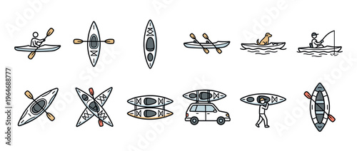 Kayaks and canoes in various scenarios, including paddling, fishing, transporting, and carrying, depicted in a charming hand-drawn illustration style.