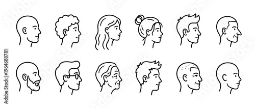 Human heads in profile view showing diverse people with different hairstyles and ages in a simple line art illustration style.