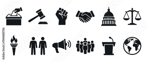 Political, justice, and social icons representing democracy, law, activism, and global community concepts in a modern flat design.