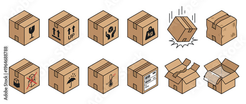 Cardboard boxes with various shipping and handling symbols illustrating logistics, delivery, and packaging processes, including fragile, heavy, and damaged parcels.