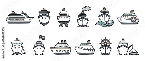 Ships and boats collection of hand-drawn cartoon illustrations depicting various types of sea vessels for travel and transportation.