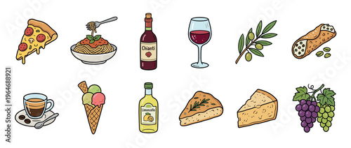 Italian food and drink icons collection featuring pizza, pasta, wine, coffee, and desserts in a vibrant cartoon style.