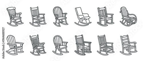 Collection of rocking chairs, various designs of comfortable wooden and wicker furniture for home and garden.