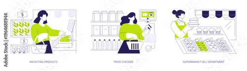 Supermarket shopping process isolated cartoon vector illustrations se