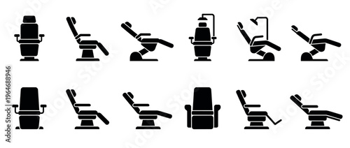 Medical chairs icons set, a collection of various adjustable patient examination chairs for healthcare and beauty procedures.