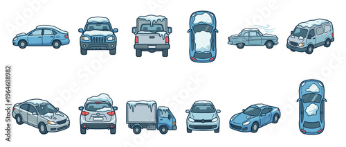 Collection of cartoon cars, trucks, and vans covered in snow, illustrating winter weather and cold conditions.