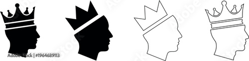 Crown head vector icon set featuring human silhouettes and crowns outline isolated on transparent background