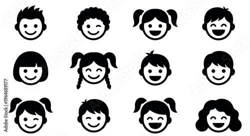 Collection of diverse children faces icons with various hairstyles and happy expressions representing boys and girls in a simple vector style.