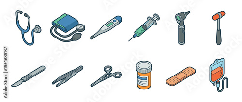 Medical instruments and healthcare supplies collection featuring a stethoscope, blood pressure monitor, thermometer, syringe, and other essential tools for diagnosis and treatment